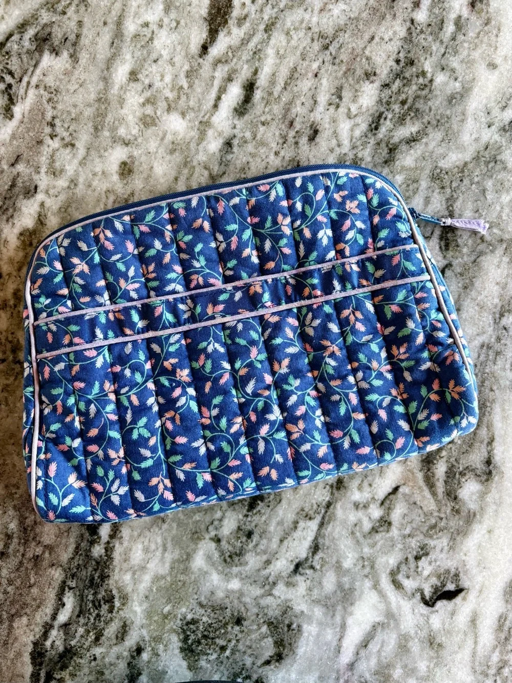 totes—Vintage Blue/Pink Floral Leaf Cosmetic Bag Case, Waterproof Vinyl Interior